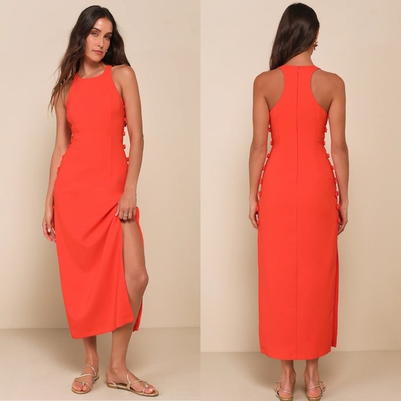 Lulus Dresses & Skirts - NWOT Lulu’s Masterfully Mod Bright Orange Side Button Midi Dress Medium 2426491